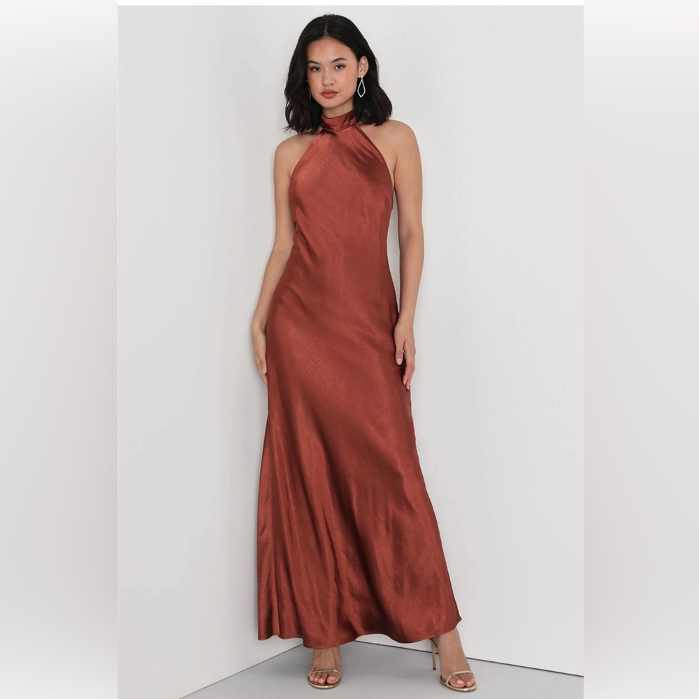 Lulus Love in Your Life Rust Brown Satin Halter Maxi Dress (M)